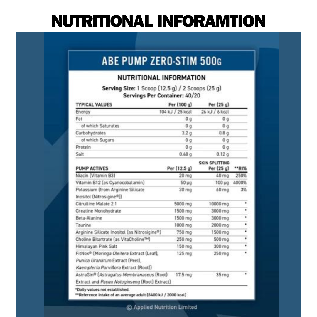 Applied Nutrition ABE PUMP - Zero Stim Pre-Workout (500G) (Halal) ( 40/20 Servings)