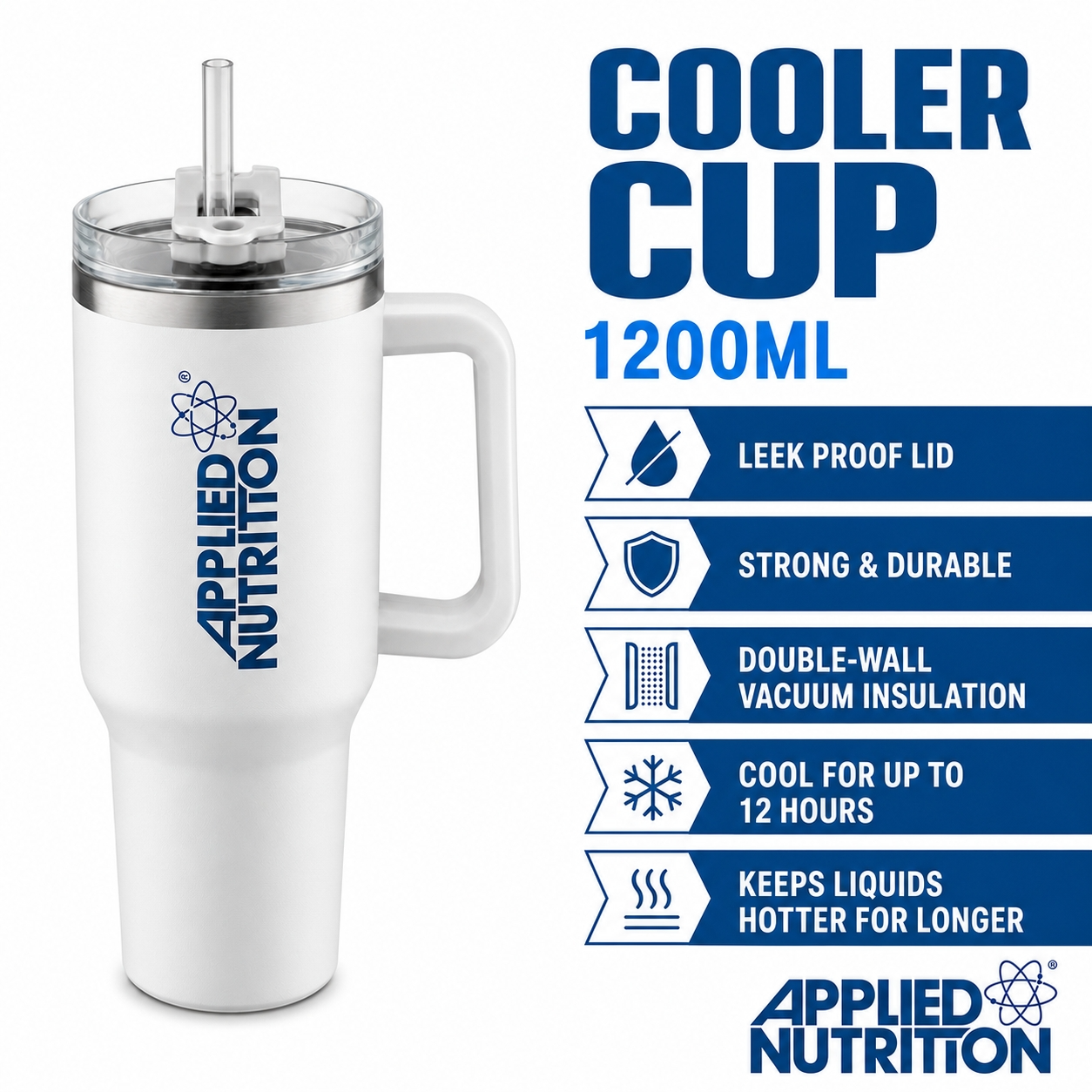 Applied Nutrition 1200ML Insulated Cooler Tumbler with Handle - Stainless Steel Vacuum Cup