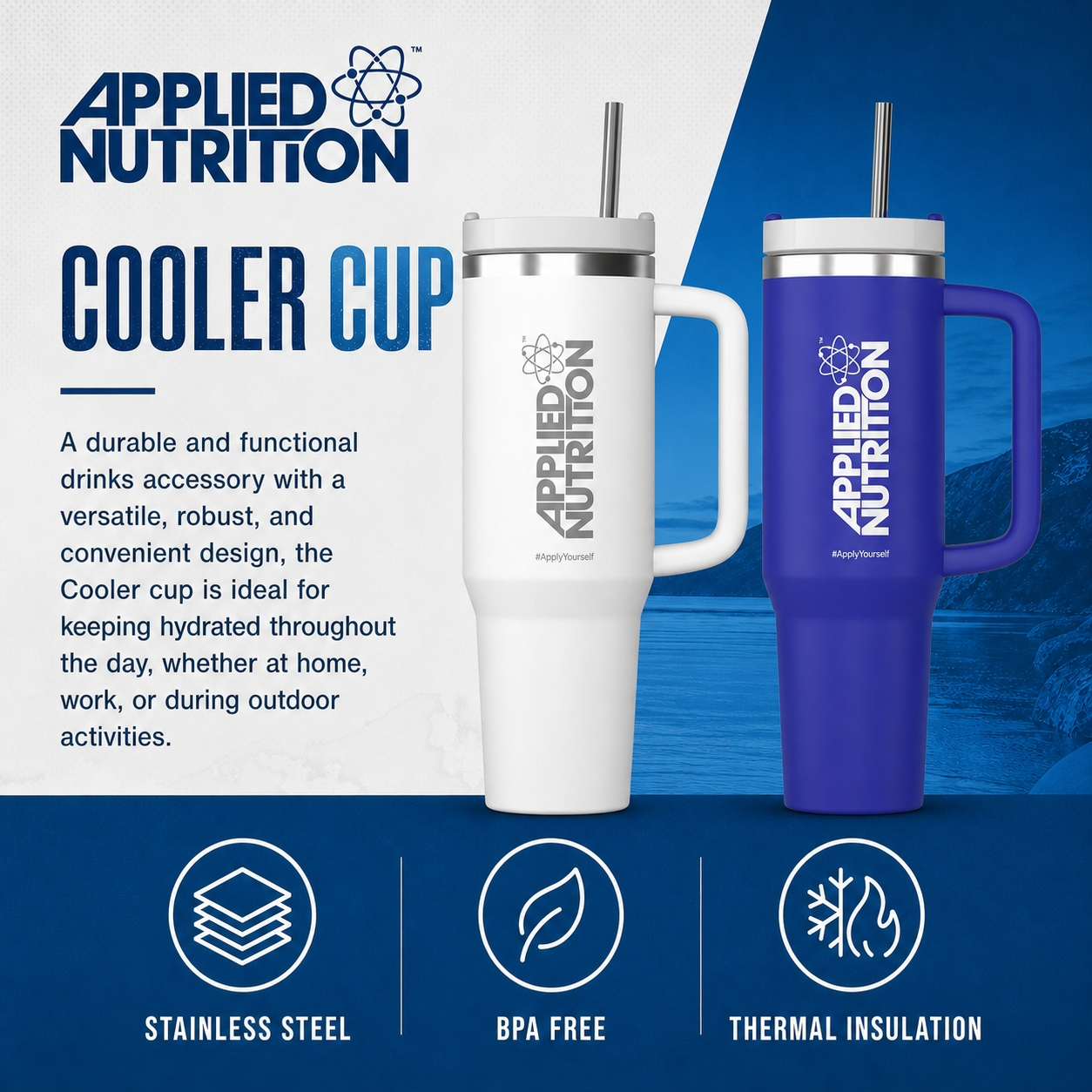 Applied Nutrition 1200ML Insulated Cooler Tumbler with Handle - Stainless Steel Vacuum Cup