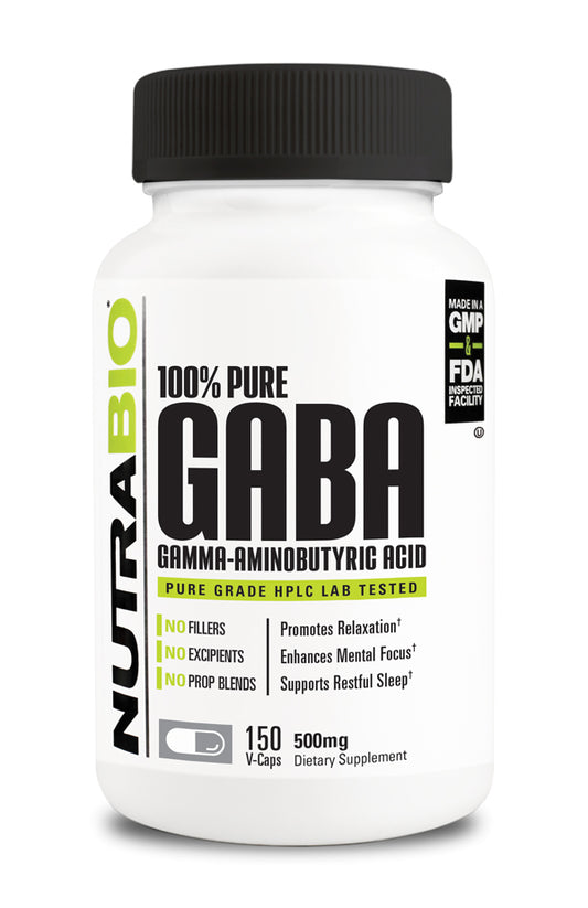 NutraBio 100% Pure GABA 500mg (Gamma-Aminobutyric Acid) - 150 Vegetable Capsules